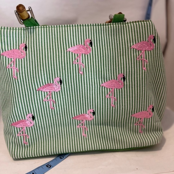 Braciano Green Striped Tote with Pink Flamingos - Picture 2 of 7